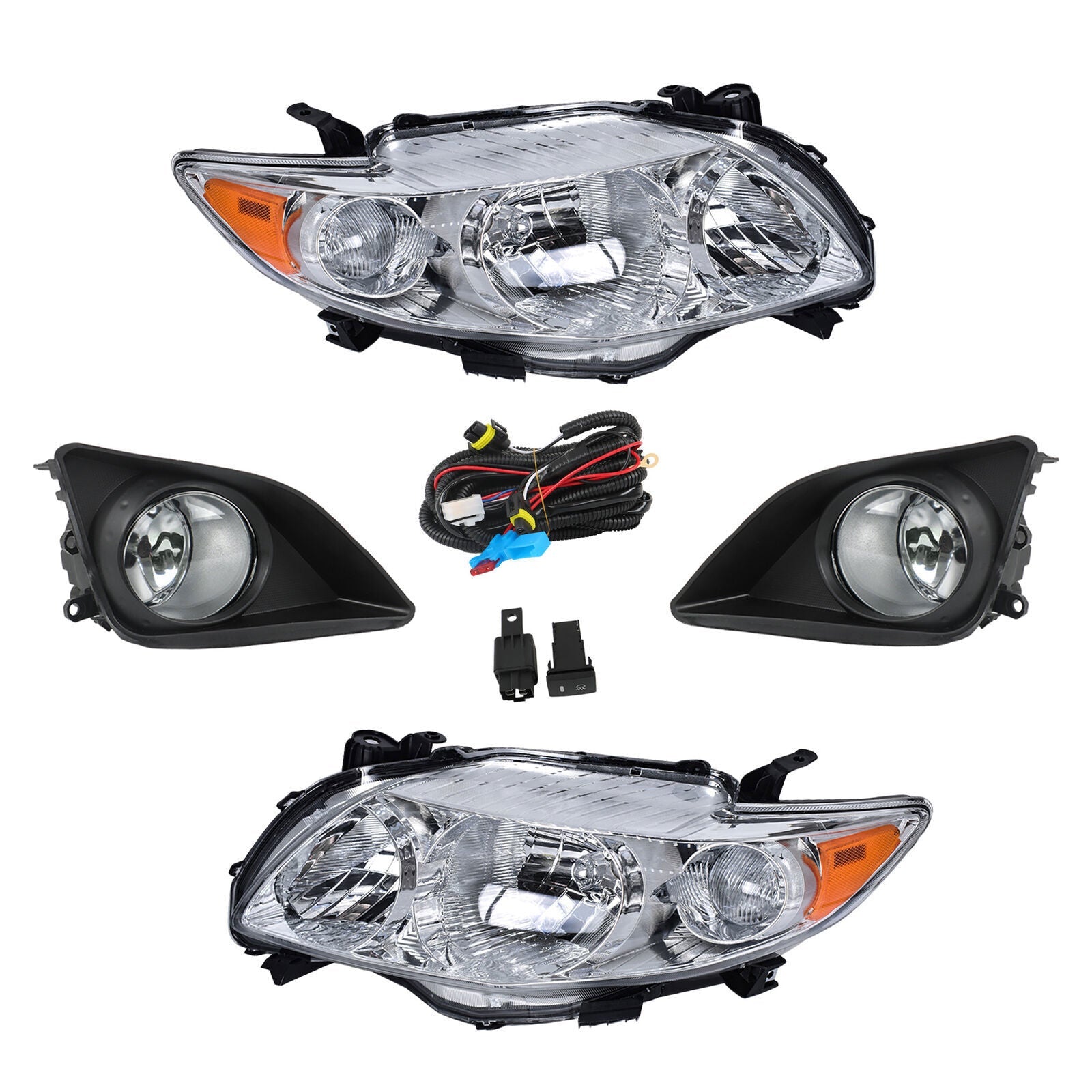Pair Halogen Headlight Amber Corner&Fog Lights Kits For 2009-10 Corolla