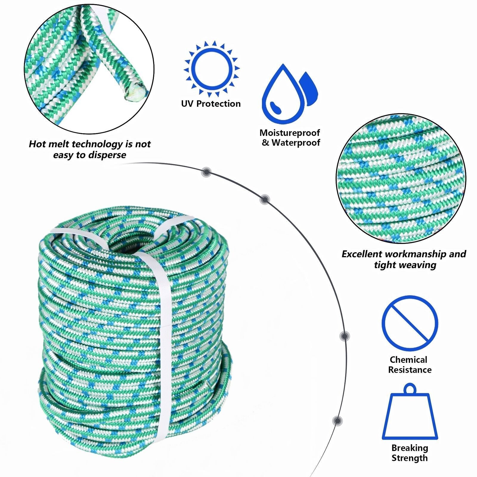 Arborist Tree Climbing Rope 16 Strand Double Braid Polyester Rope 1/2" × 150'