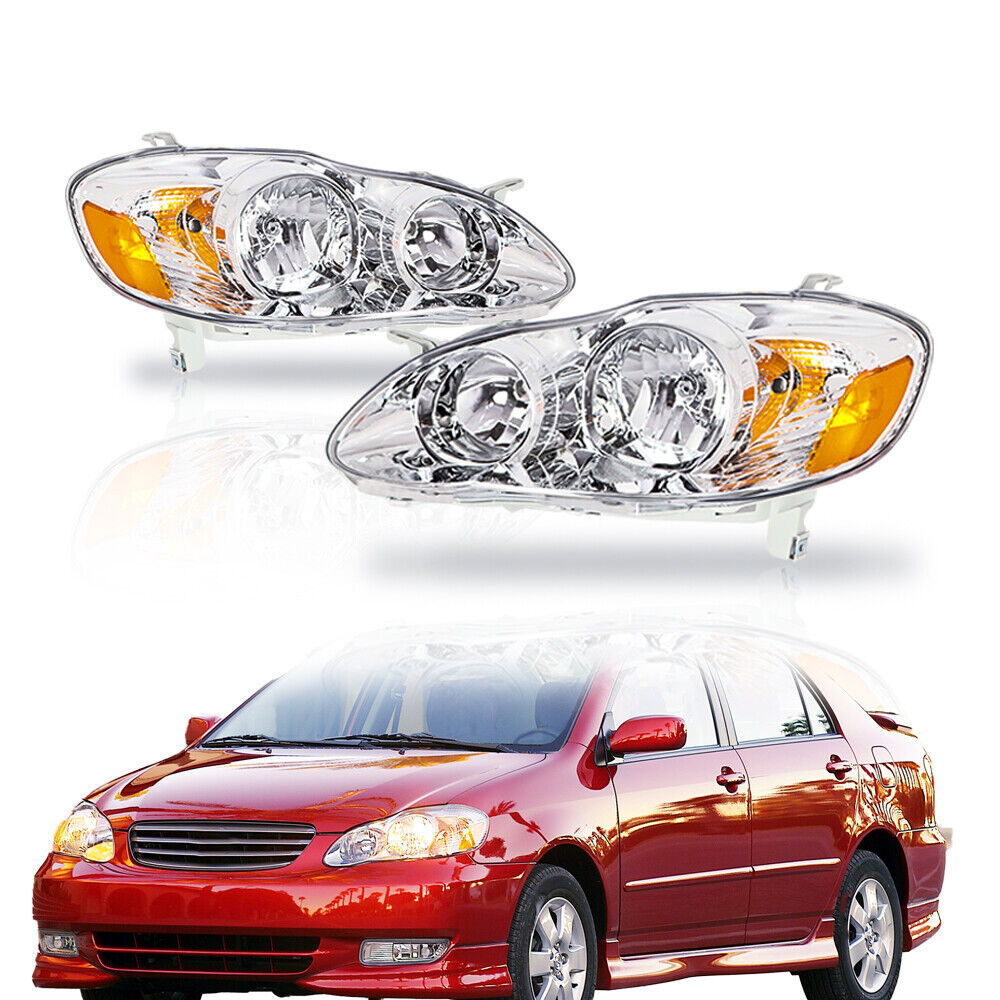 Right+Left Headlights For 2003-08 Toyota Corolla Halogen Headlamp Chrome