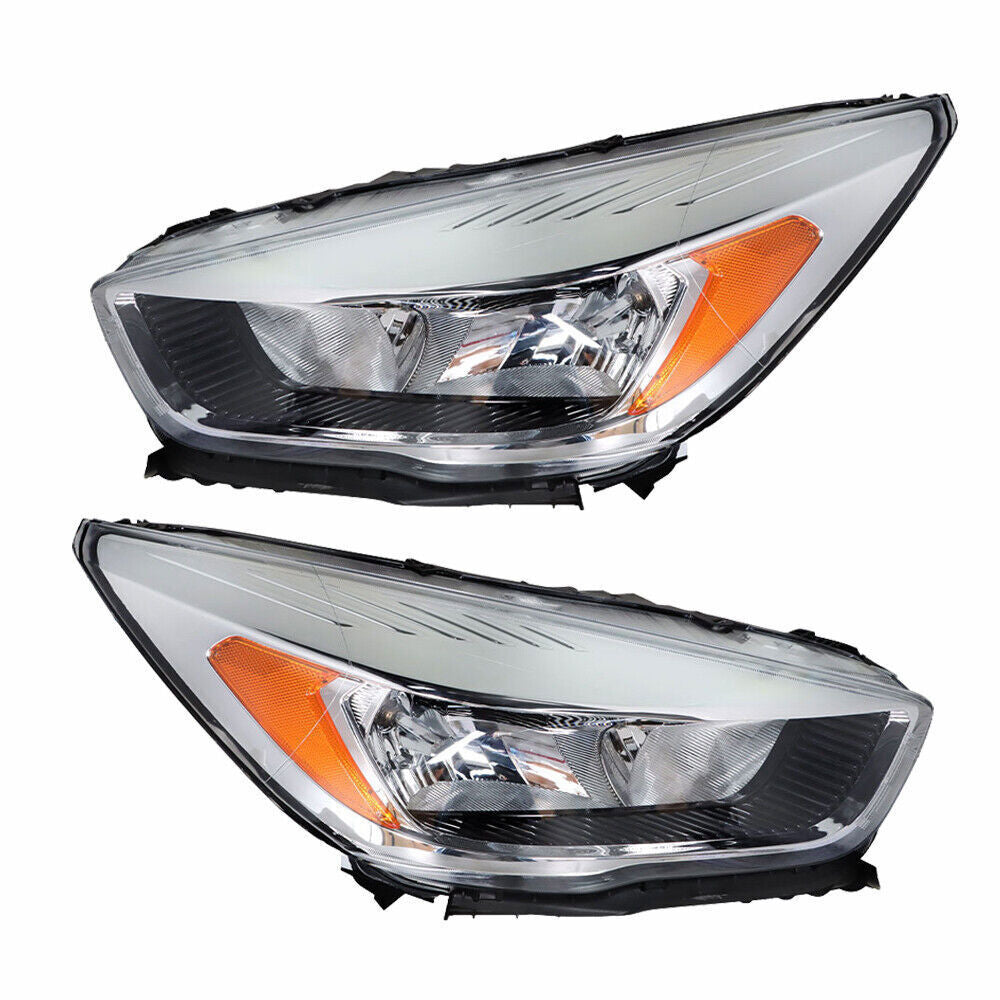 Left+Right Side Headlights DRL For 2017-2019 Ford Escape Halogen Chrome