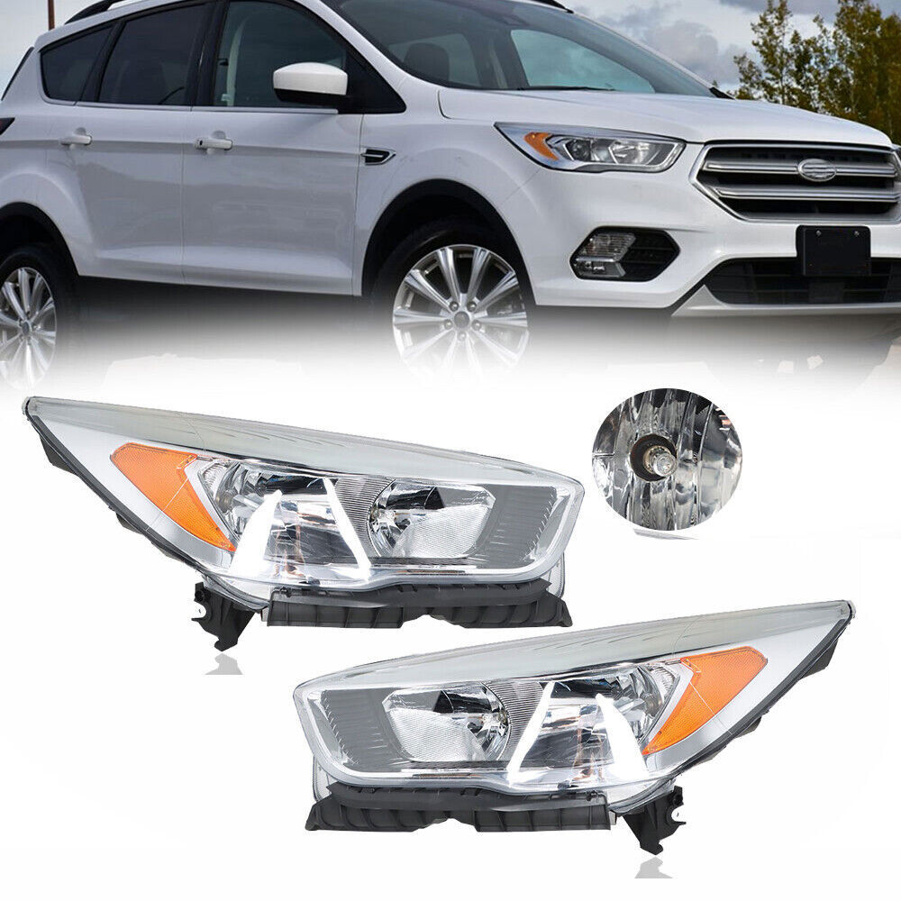 Left+Right Side Headlights DRL For 2017-2019 Ford Escape Halogen Chrome