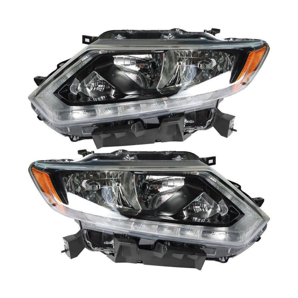Right+Left Headlight For 2014-2016 Nissan Rogue Halogen Chrome Housing