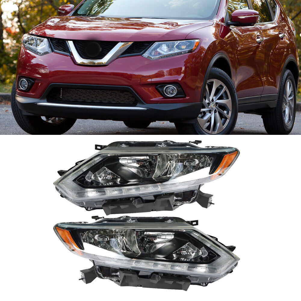 Right+Left Headlight For 2014-2016 Nissan Rogue Halogen Chrome Housing