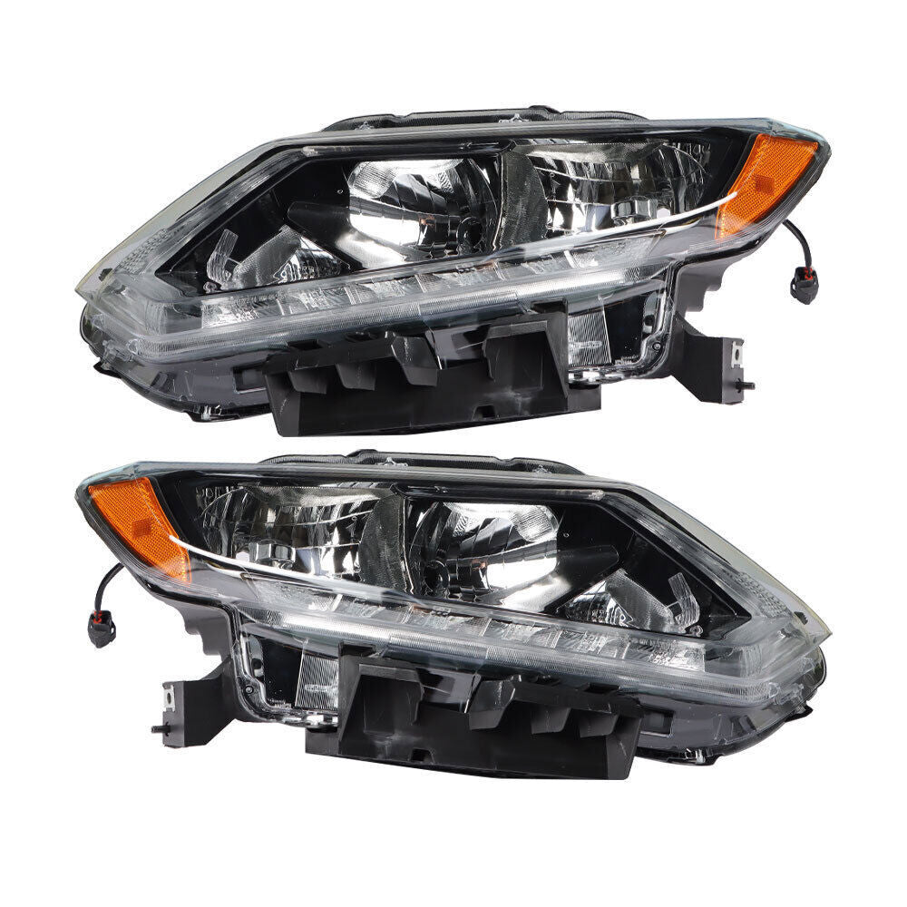 Right+Left Headlight For 2014-2016 Nissan Rogue Halogen Chrome Housing