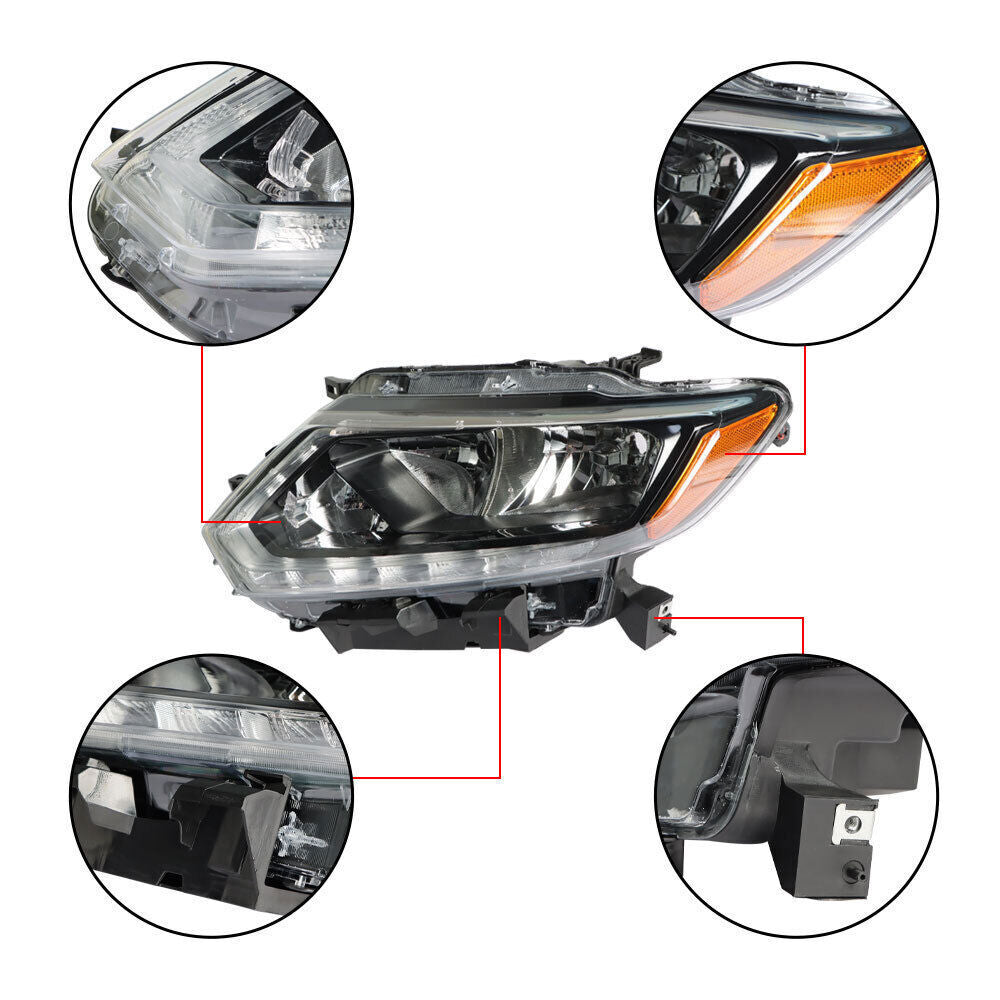 Right+Left Headlight For 2014-2016 Nissan Rogue Halogen Chrome Housing
