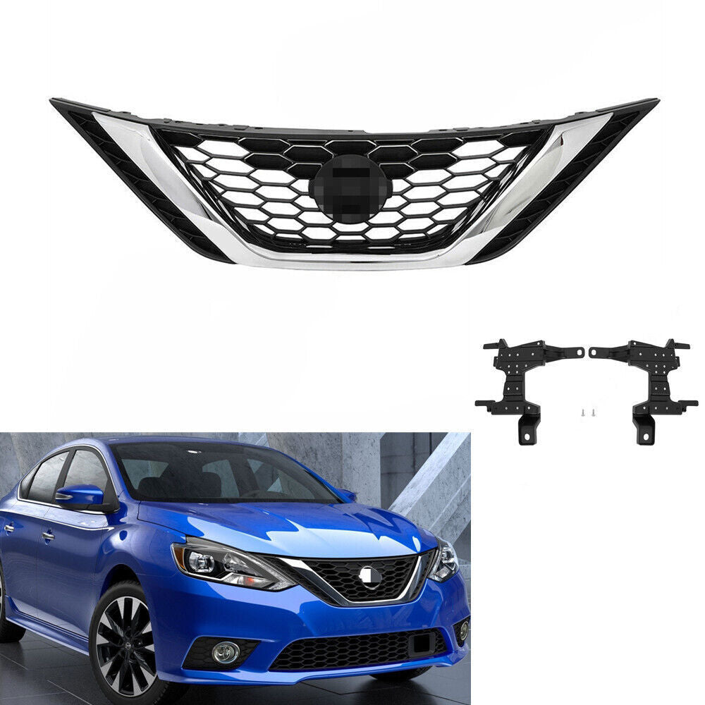 Front Upper Chrome Grill For 2016-2018 Nissan Sentra ABS Honeycomb Mesh