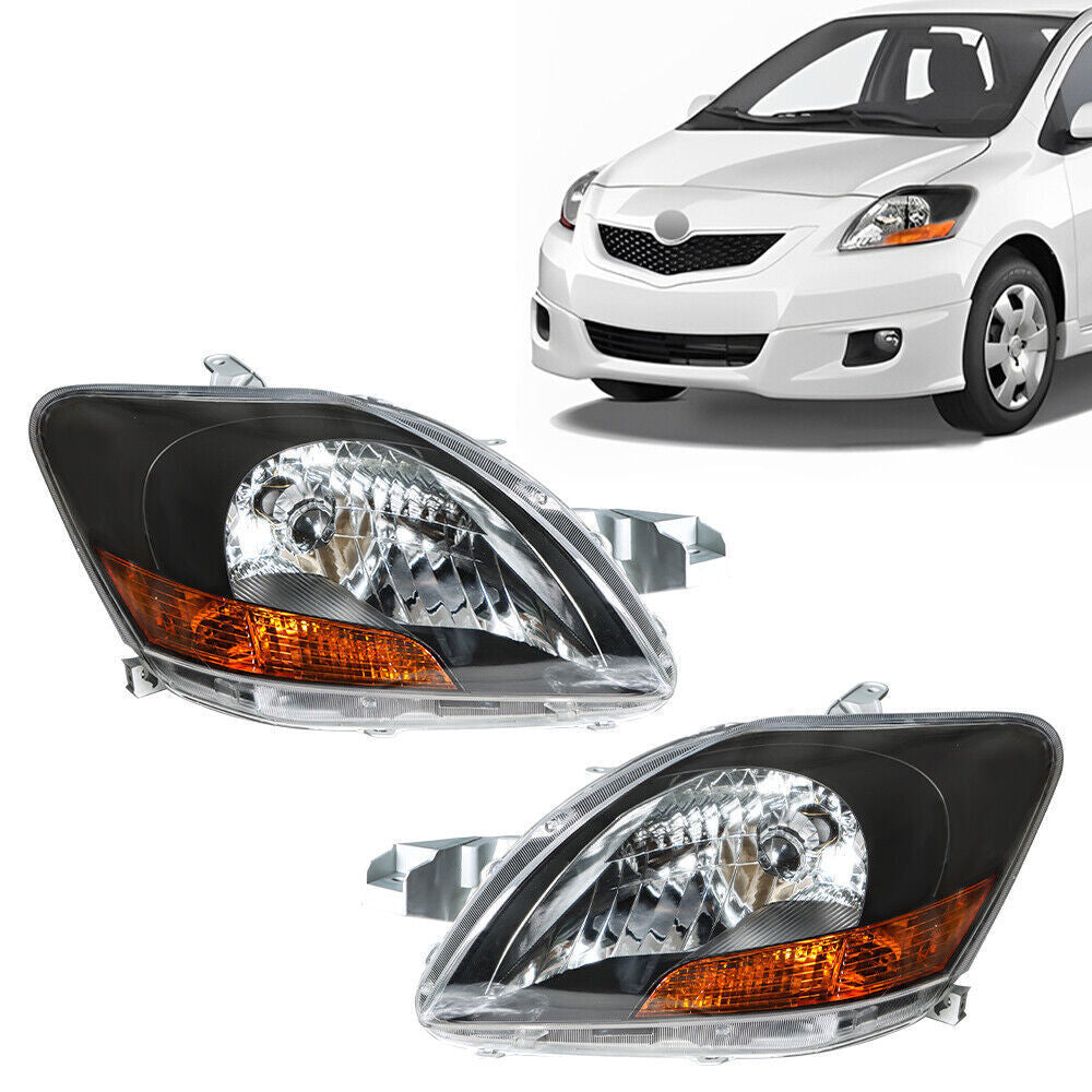 Left+Right Headlight For 2007-12 Toyota Yaris Halogen Type Black Housing