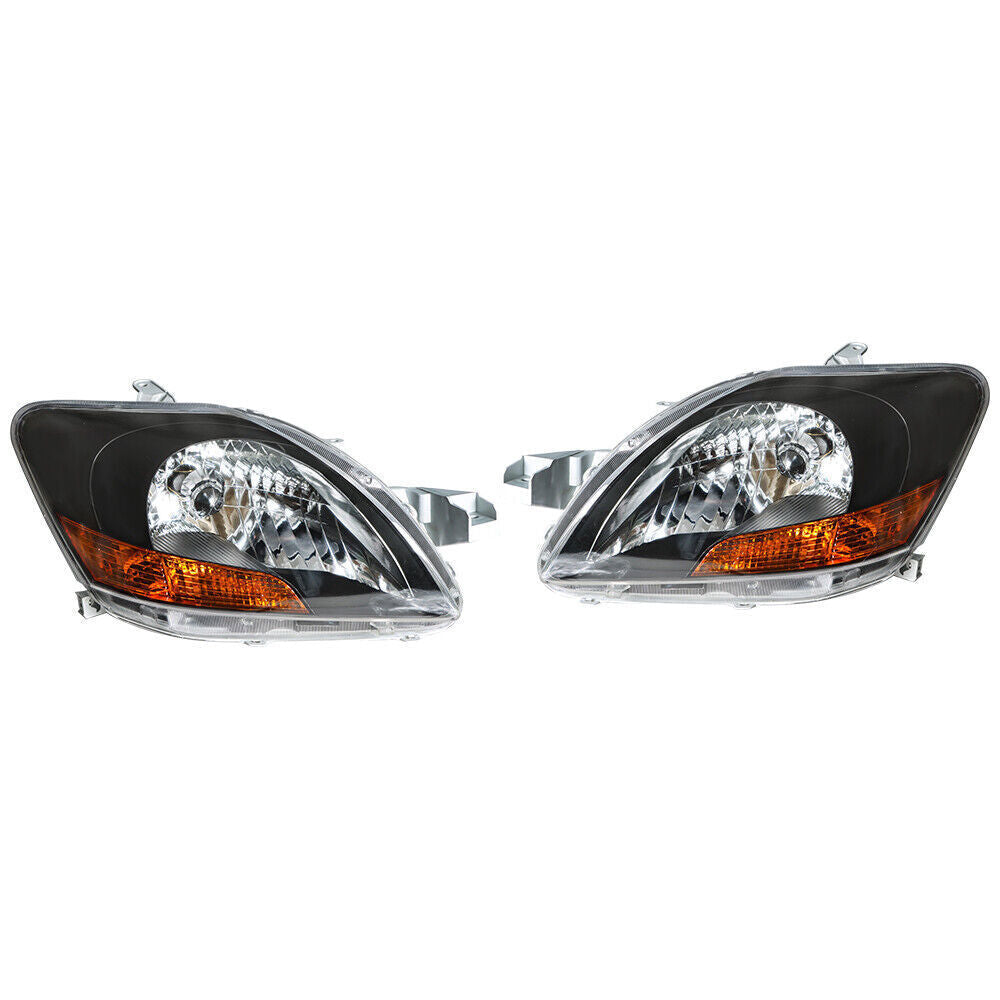 Left+Right Headlight For 2007-12 Toyota Yaris Halogen Type Black Housing