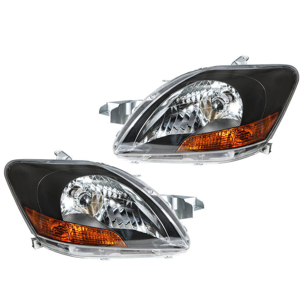 Left+Right Headlight For 2007-12 Toyota Yaris Halogen Type Black Housing