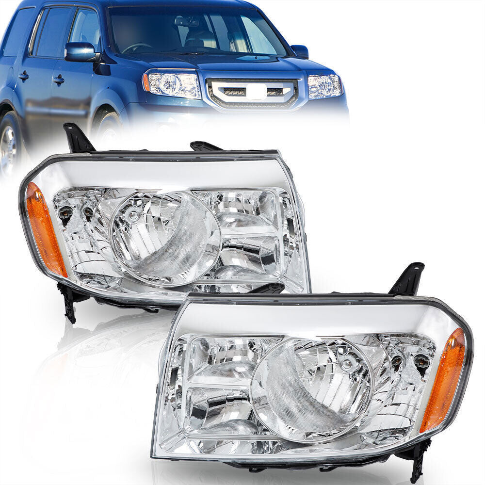 Left+Right Halogen Headlights Assembly For 2009-2011 Honda Pilot Chrome