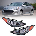 Right+Left Headlight For 2011-14 Sonata Halogen Black Housing Clear Lens