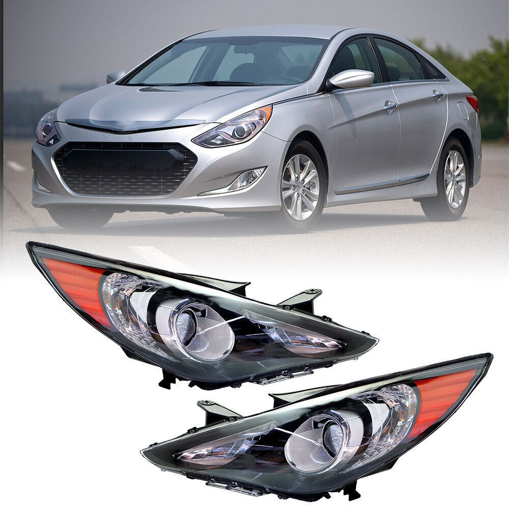 Right+Left Headlight For 2011-14 Sonata Halogen Black Housing Clear Lens