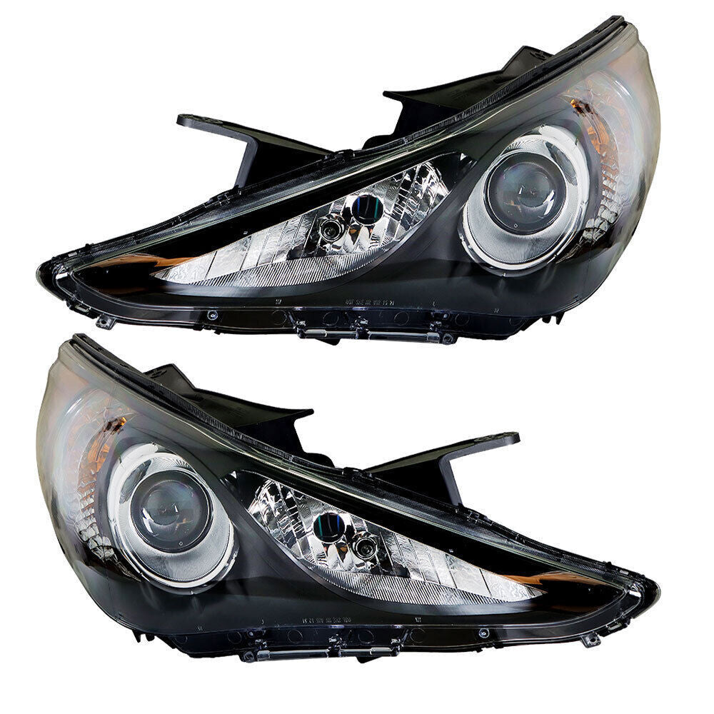 Right+Left Headlight For 2011-14 Sonata Halogen Black Housing Clear Lens