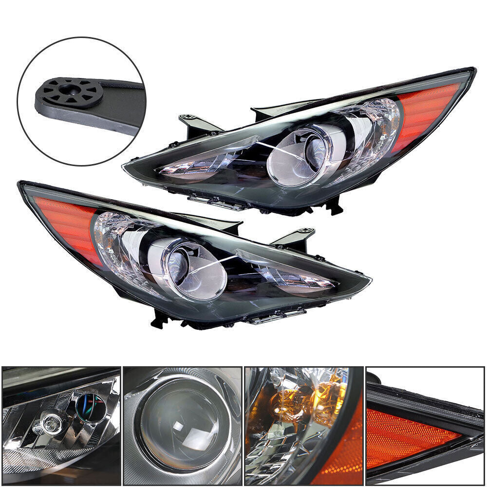 Right+Left Headlight For 2011-14 Sonata Halogen Black Housing Clear Lens