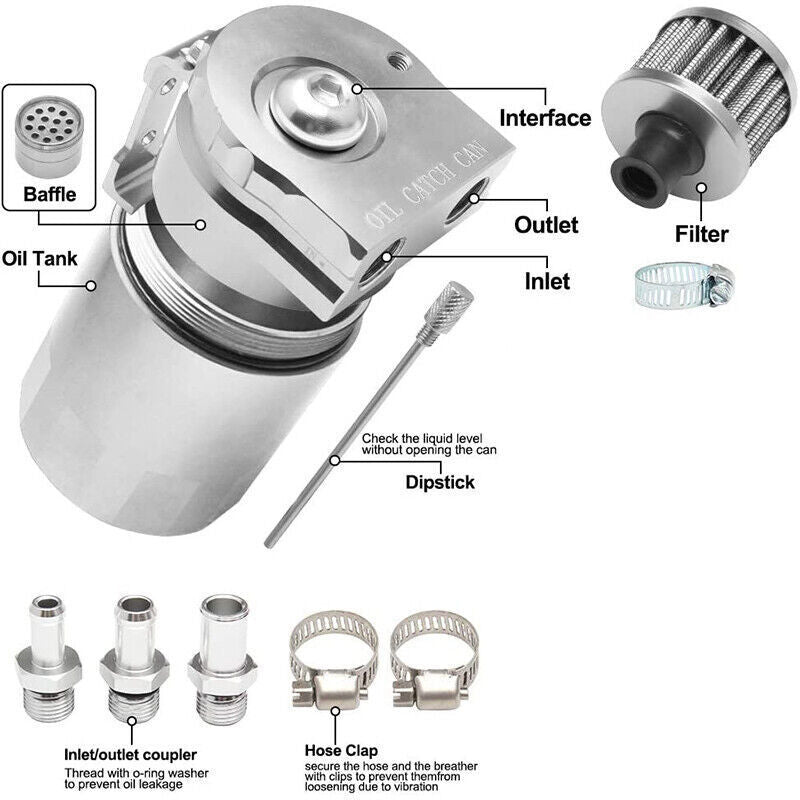 Universal Baffled Oil Catch Can Tank Kit with Breather Filter 3/8" NBR Fuel Line
