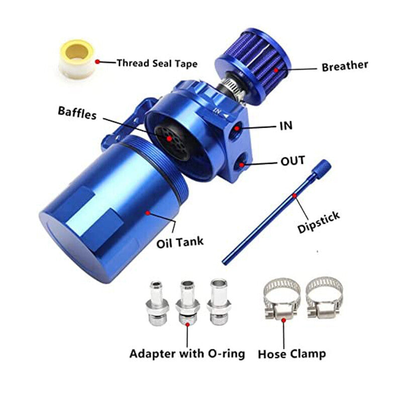 Engine Oil Catch Can Tank Kit with Breather Filter 300ml Aluminum Polish Blue