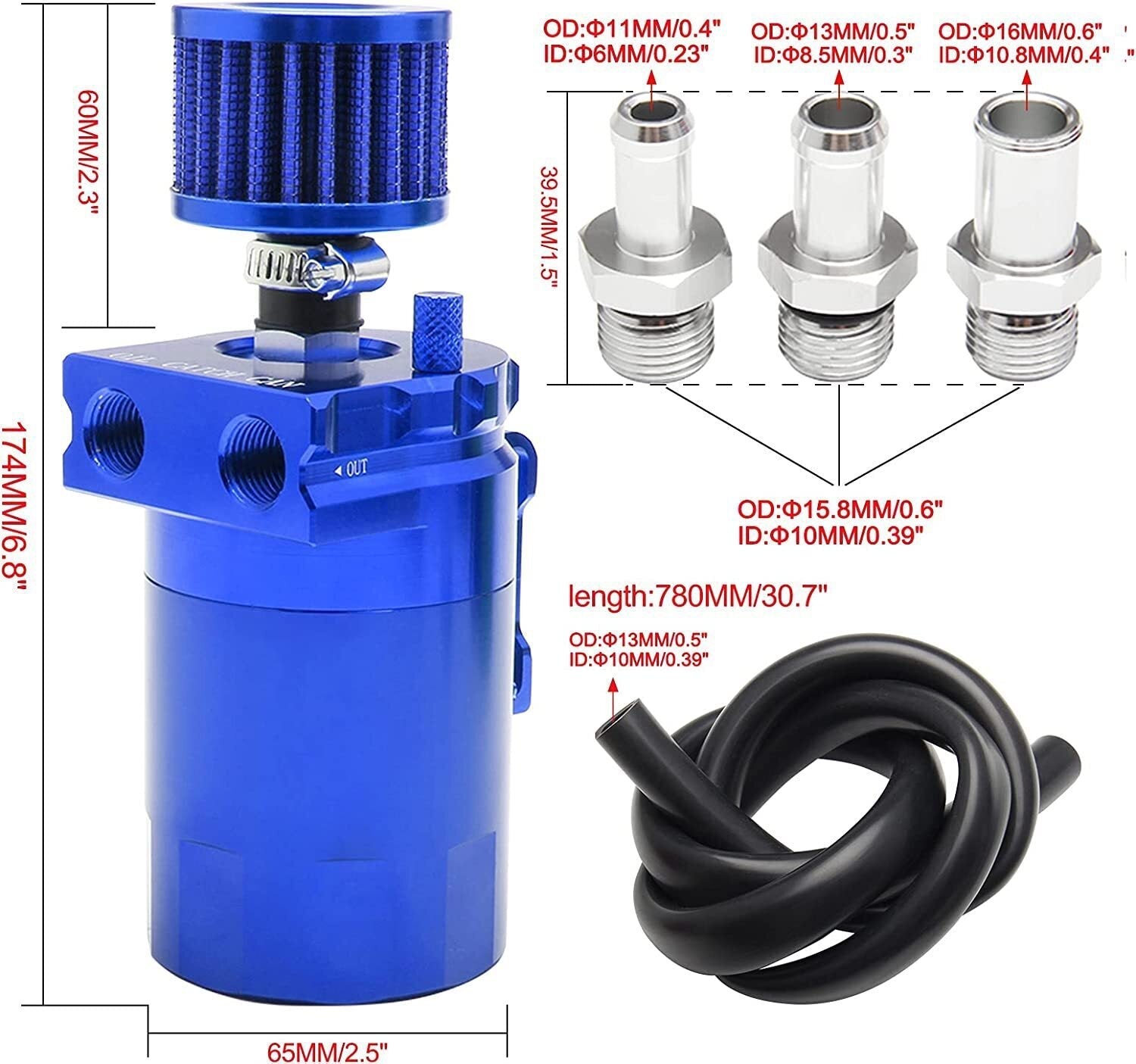Engine Oil Catch Can Tank Kit with Breather Filter 300ml Aluminum Polish Blue