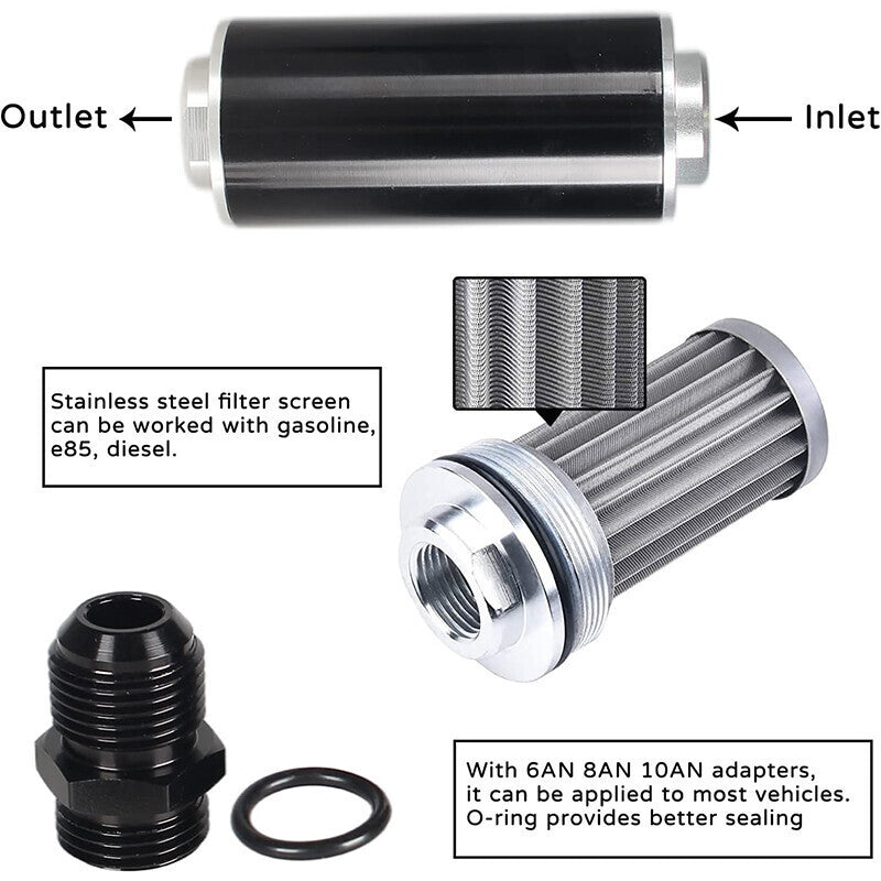 Inline 100 Micron Fuel Gas Filter 6AN 8AN 10AN Adapter Universal 50MM US