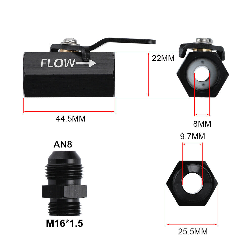 AN8 8AN Fuel Shut Off Valve With Cable Lever Aluminium - Black