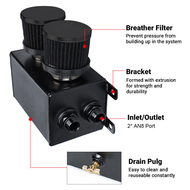 AN10 -10AN Oil Catch Can Reservoir Tank 2 Port Dual Breather Filter Baffled Kit