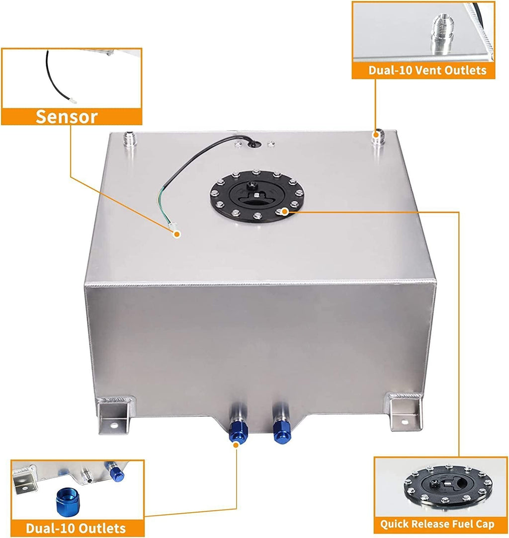 8 Gal Fuel Cell Gas Tank Aluminum Polished Racing Street with Level Sender Silve
