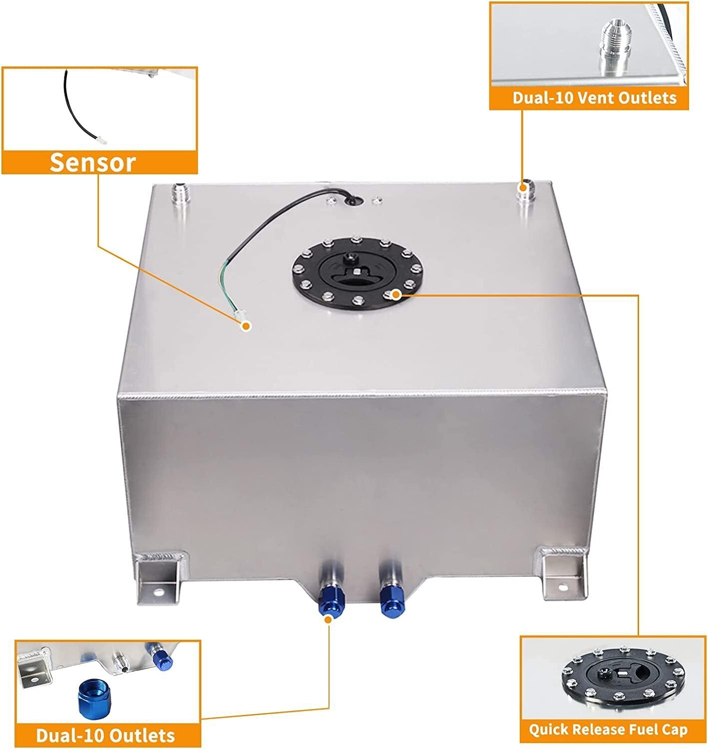 8 Gal Fuel Cell Gas Tank Aluminum Polished Racing Street with Level Sender Silve