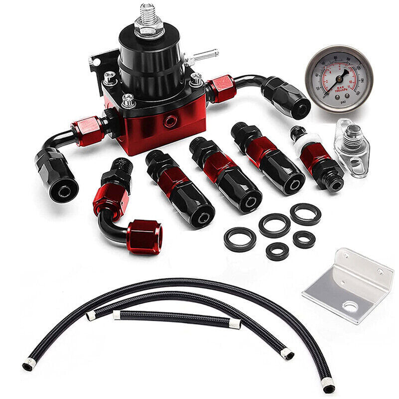 Black-Red Adjustable Fuel Pressure Regulator Kit Oil 0-100psi Gauge -6AN New