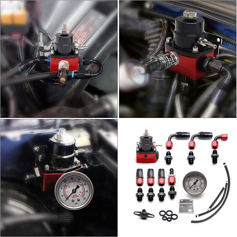 Black-Red Adjustable Fuel Pressure Regulator Kit Oil 0-100psi Gauge -6AN New