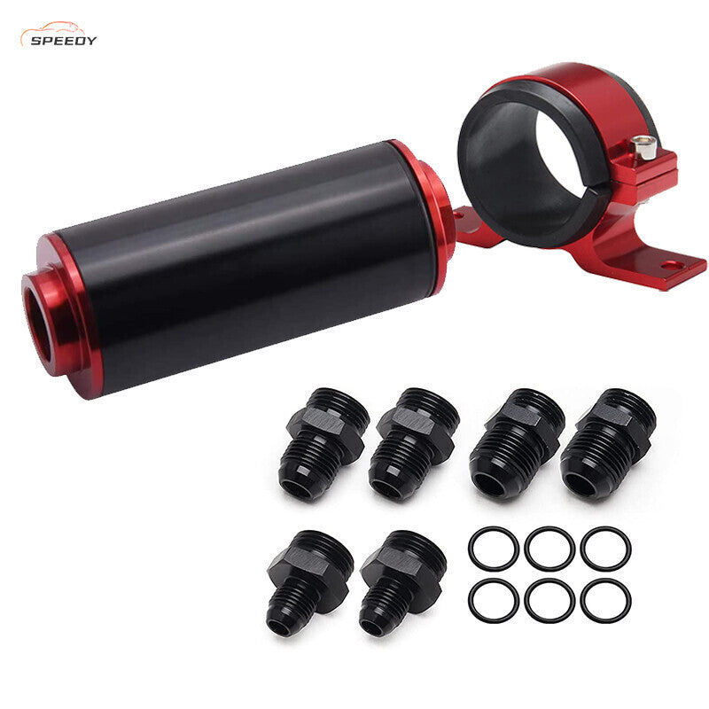 Black-Red Inline 100 Micron Fuel Filter 6AN 8AN 10AN Adapter 50MM+ Mount Bracket