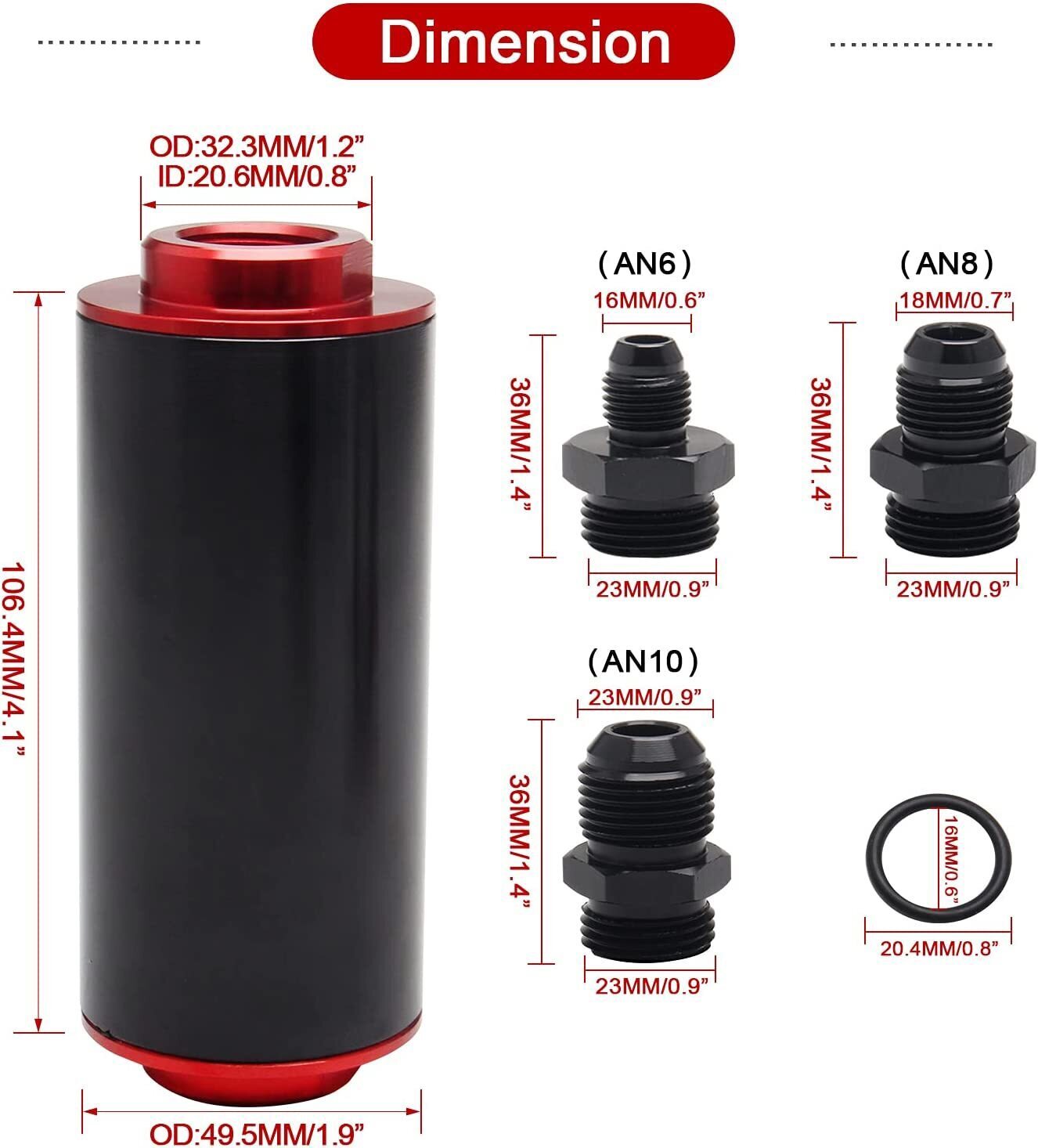 Black-Red Inline 100 Micron Fuel Filter 6AN 8AN 10AN Adapter 50MM+ Mount Bracket