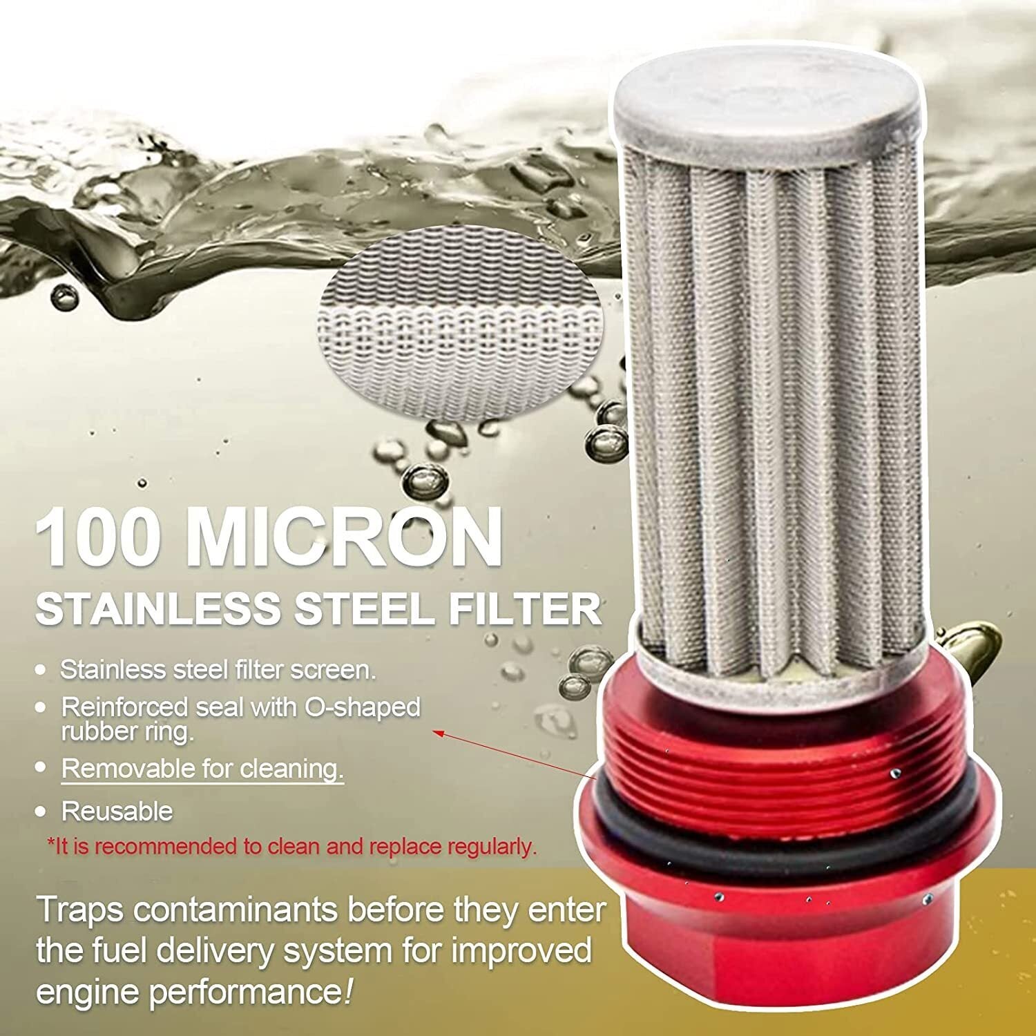 Black-Red Inline 100 Micron Fuel Filter 6AN 8AN 10AN Adapter 50MM+ Mount Bracket