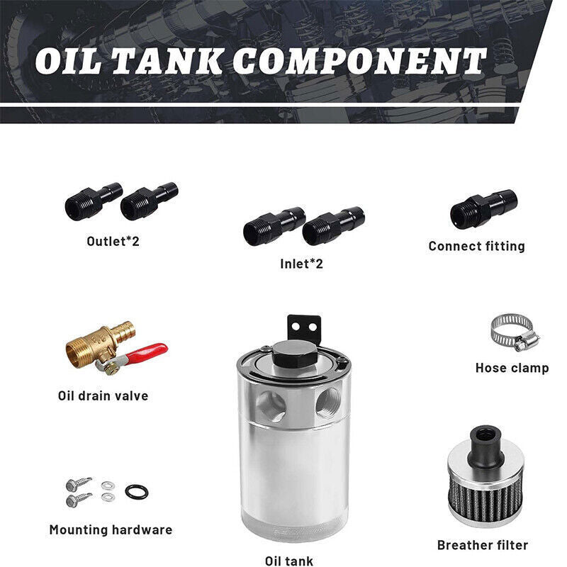 2-Port Oil Catch Can Kit Reservoir Petrol Diesel Turbo Baffled Tank Universal