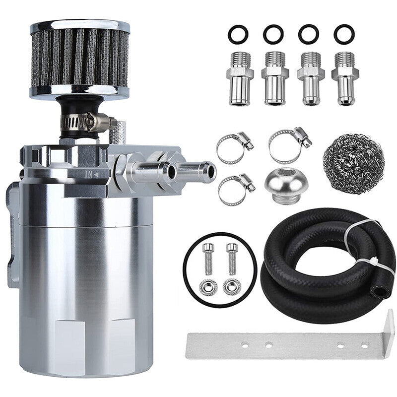 Oil Catch Can Kit Reservoir Baffled Tank with Breather Hose Universal Sliver