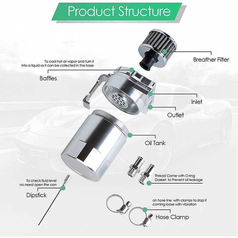 Oil Catch Can Kit Reservoir Baffled Tank with Breather Hose Universal Sliver