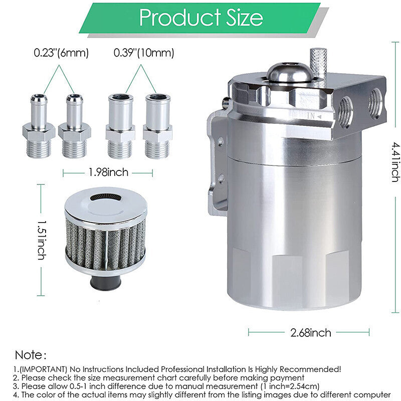Oil Catch Can Kit Reservoir Baffled Tank with Breather Hose Universal Sliver