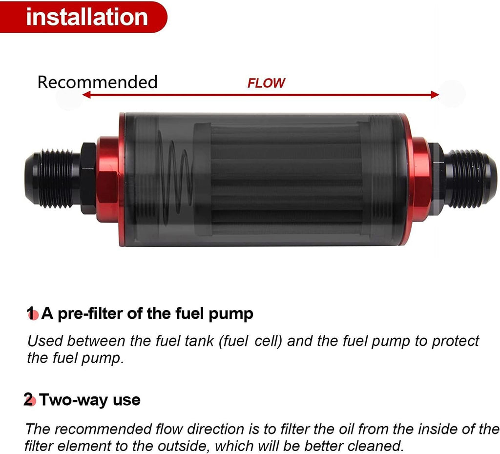 50MM Red Filter 100Micron Cleanable Inline Fuel Filter Red 6/8/10AN Adapter