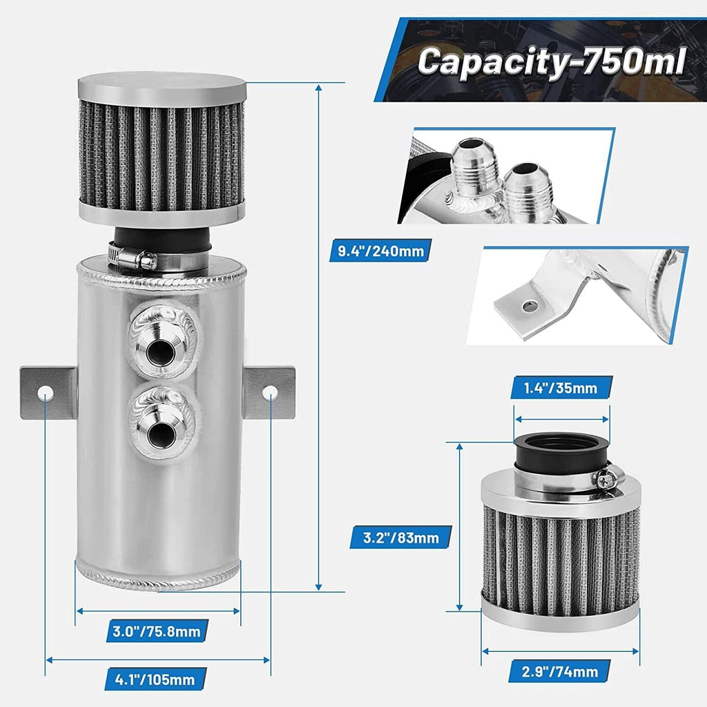 750ml 10AN Oil Catch Can Reservoir Tank & Breather Filter Baffled Kit Aluminum