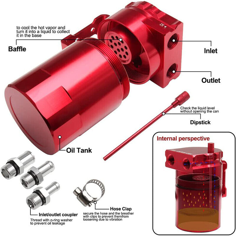 Oil Catch Can Kit Reservoir Baffled Tank with Breather Filter Aluminum Engine US