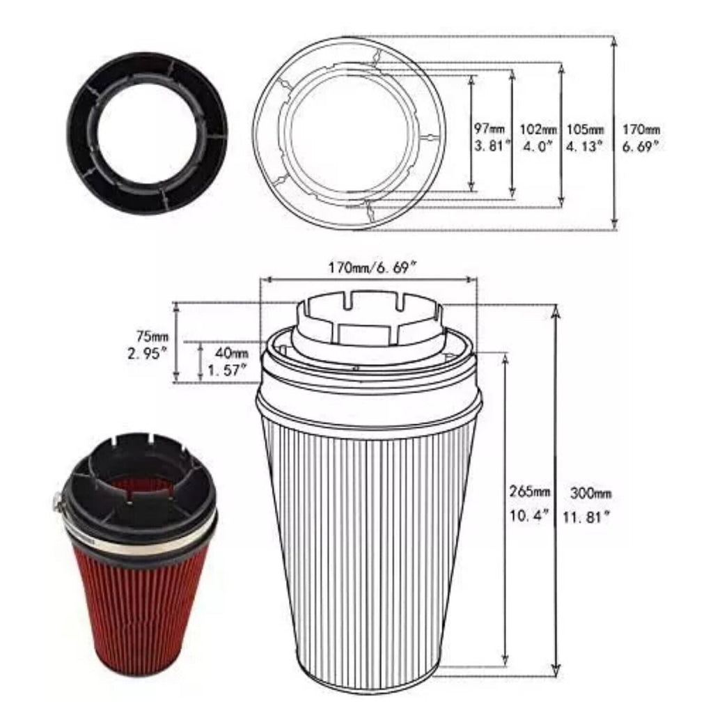 RED 4" inch Inlet Truck Air Filter Dry Flow Clamp-On Round Cone Air Intake