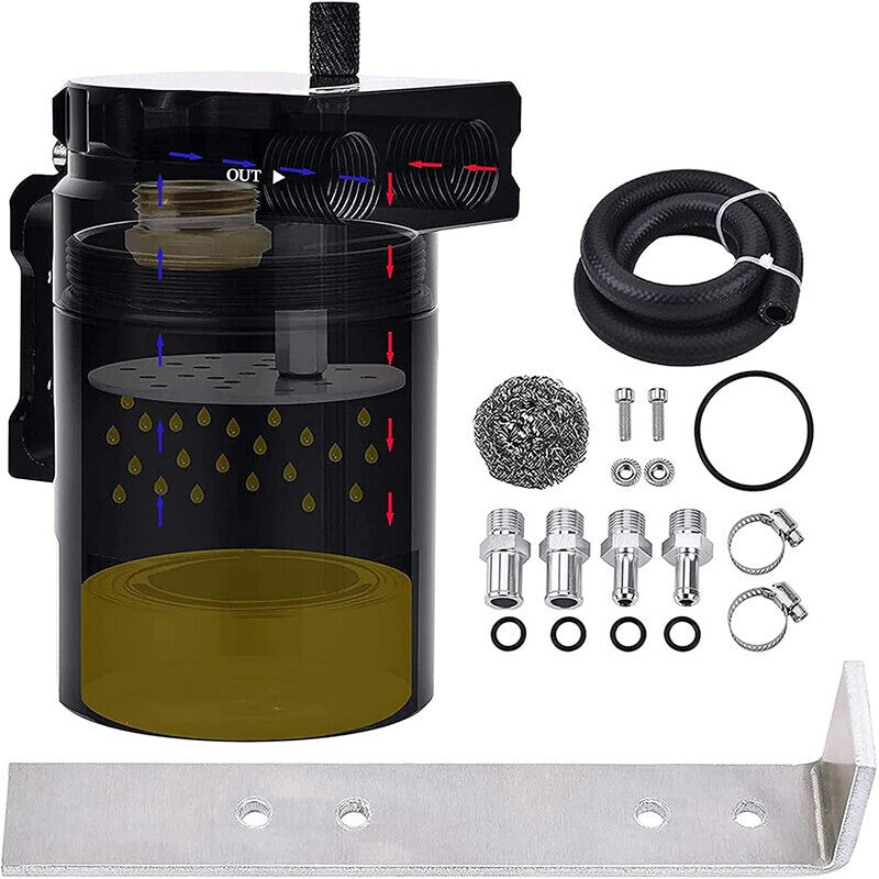Engine Oil Catch Can Tank Kit with Hose Kit 300ml Aluminum Polish Black
