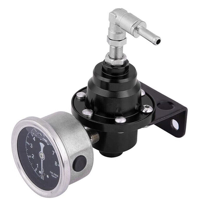 Aluminum Universal Adjustable Fuel Pressure Regulator + Gauge+ Fitting Kit Black