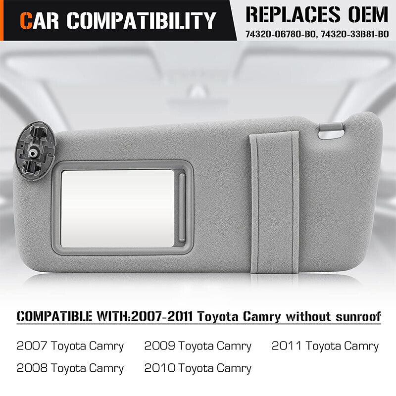 For Toyota Camry 2007-2011 Left Driver Side Sun Visor Sunshade Without Sunroof