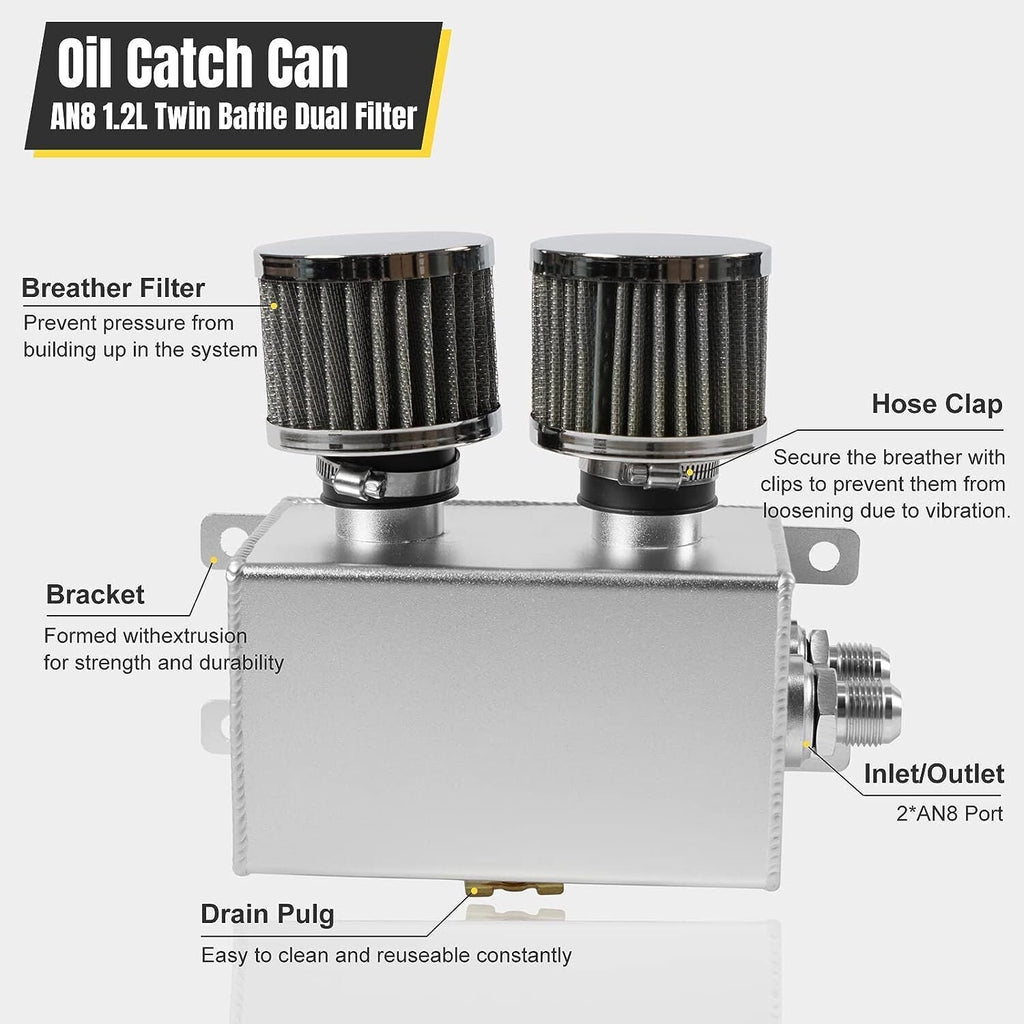 2 Port 10AN Dual Breather Filter Baffled Polished Oil Catch Can Reservoir Tank