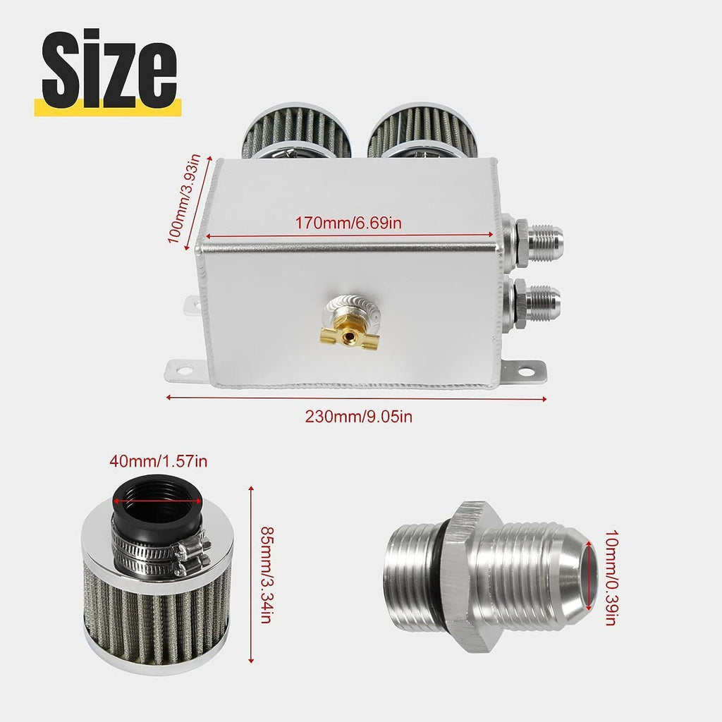 2 Port 10AN Dual Breather Filter Baffled Polished Oil Catch Can Reservoir Tank