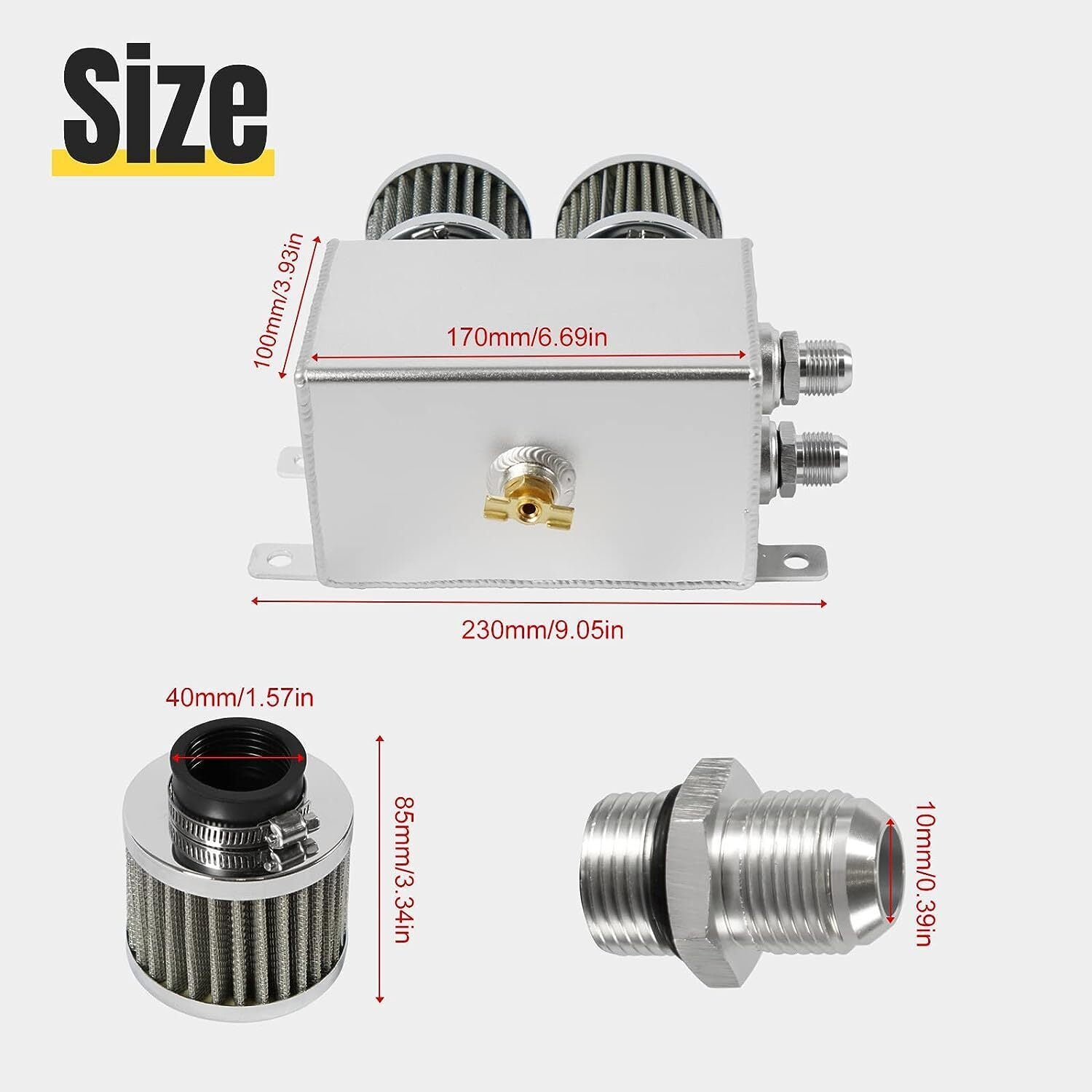 2 Port 10AN Dual Breather Filter Baffled Polished Oil Catch Can Reservoir Tank