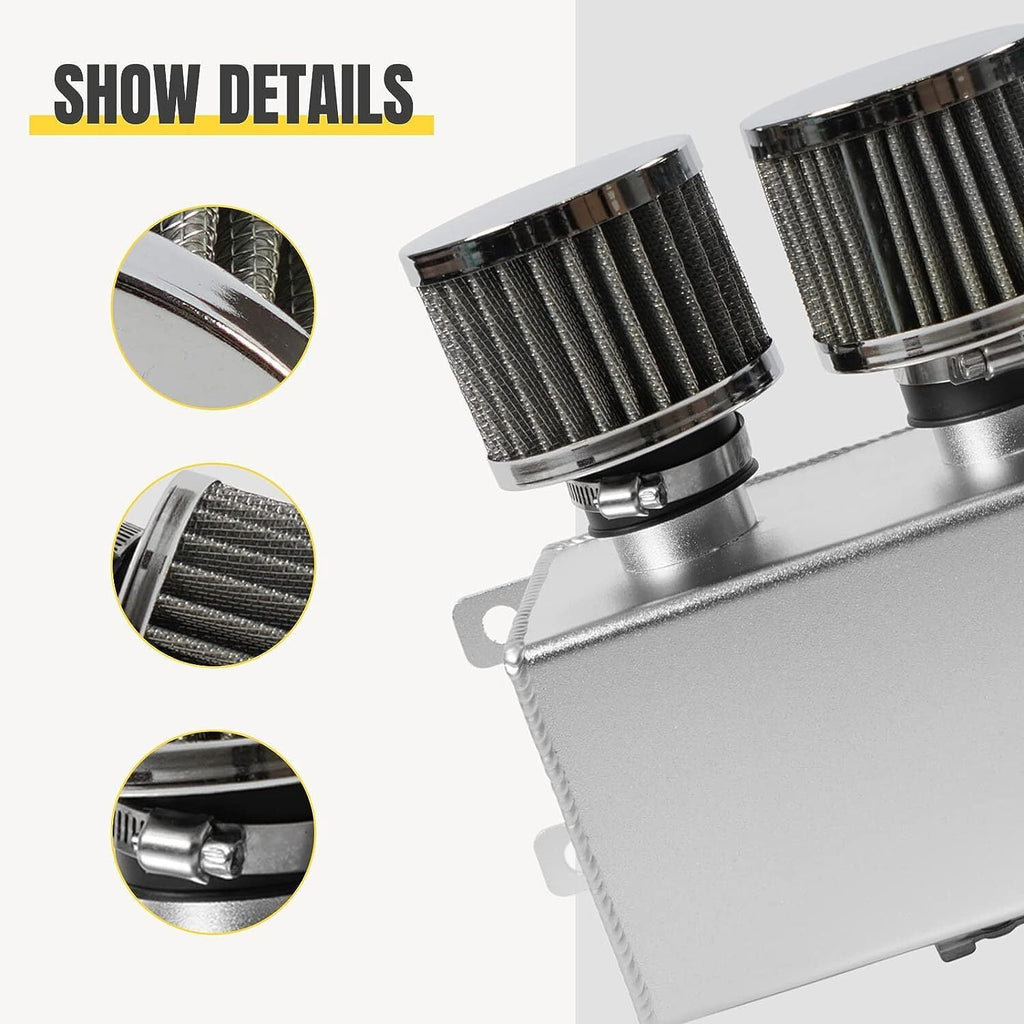 2 Port 10AN Dual Breather Filter Baffled Polished Oil Catch Can Reservoir Tank