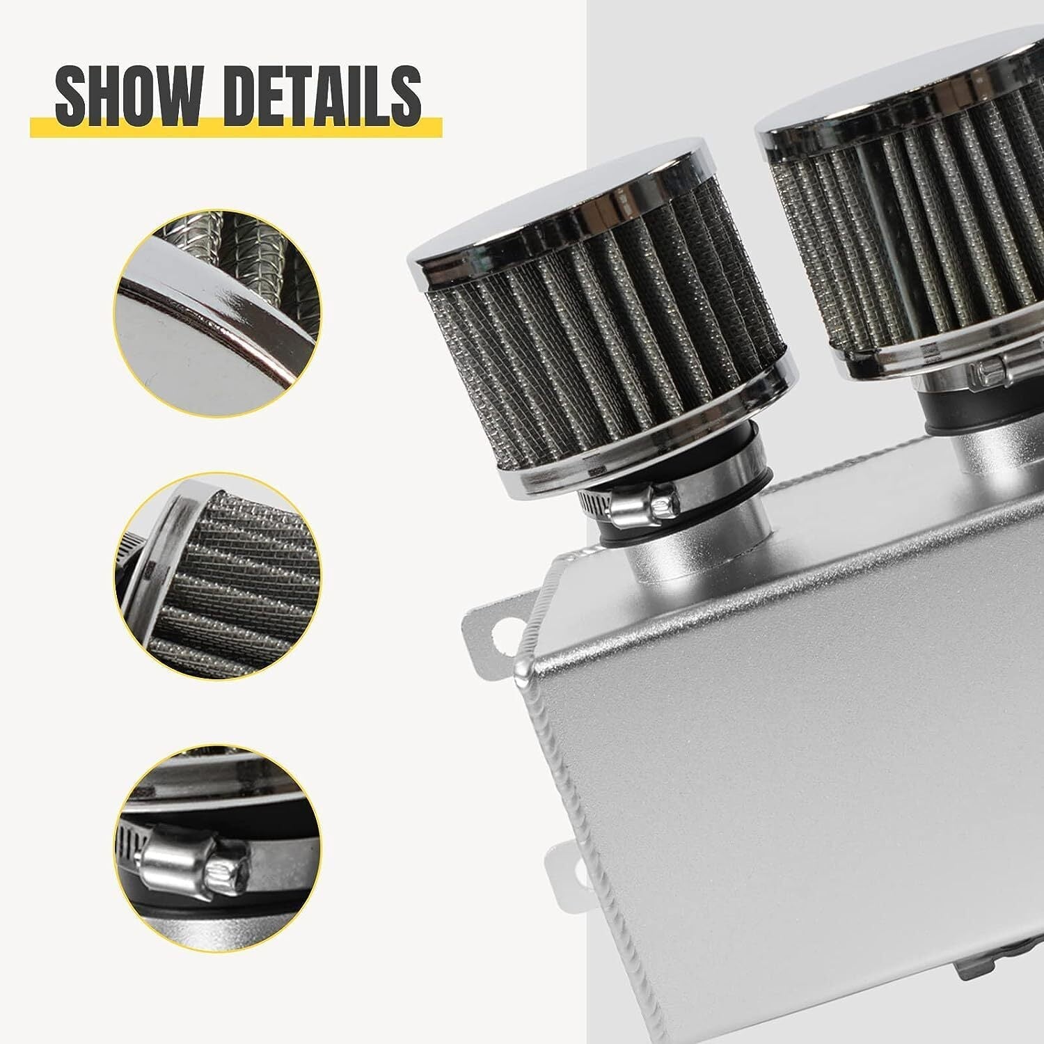 2 Port 10AN Dual Breather Filter Baffled Polished Oil Catch Can Reservoir Tank