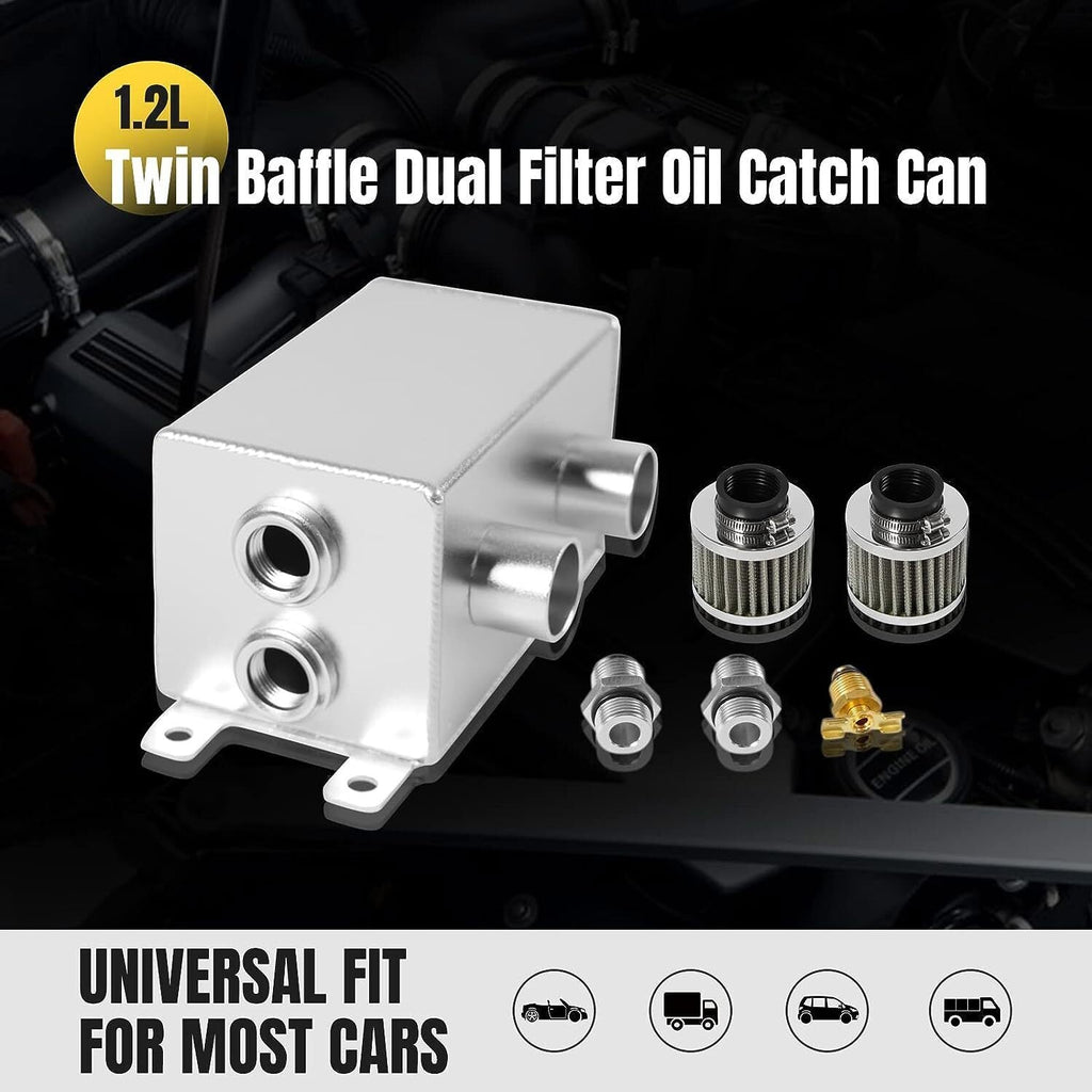 2 Port 10AN Dual Breather Filter Baffled Polished Oil Catch Can Reservoir Tank