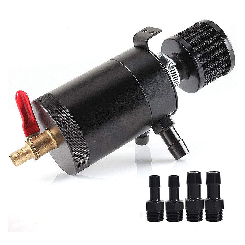 New 2 Port Reservoir Baffled Tank Oil Catch Can Drain Valve Breather Kits Black