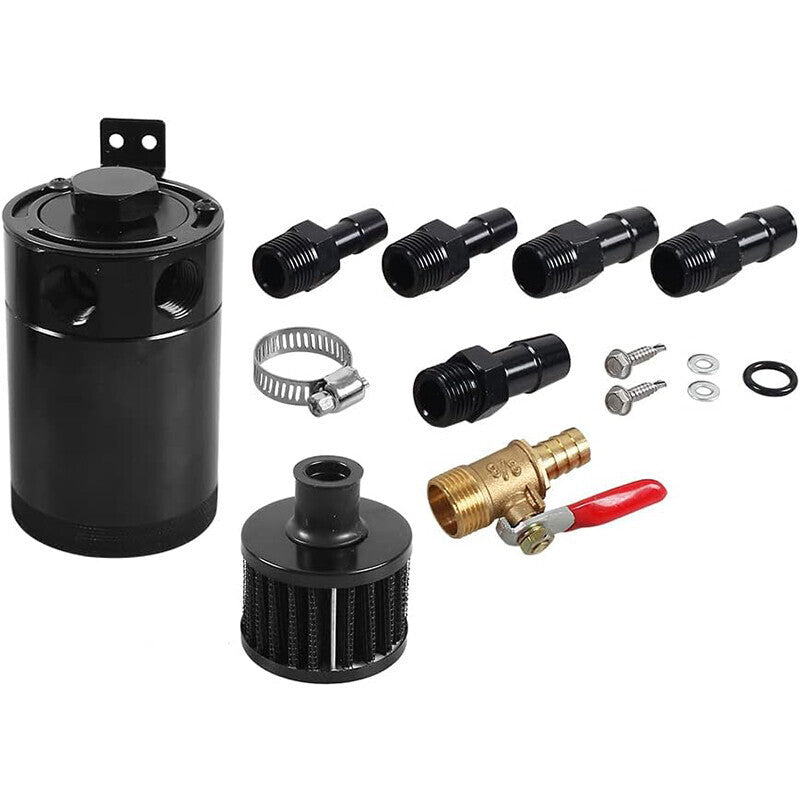 New 2 Port Reservoir Baffled Tank Oil Catch Can Drain Valve Breather Kits Black